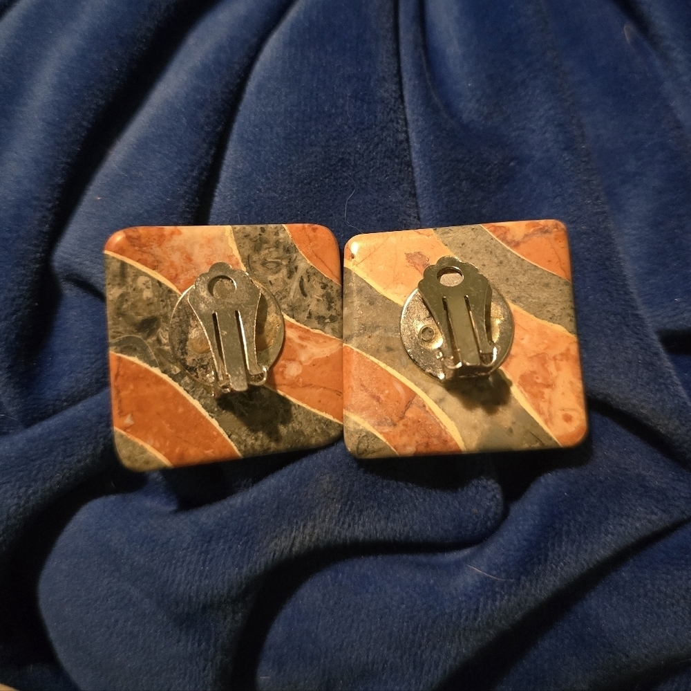 Vintage Jasper Stone Square Clip-On Earrings - Picture 2 of 2